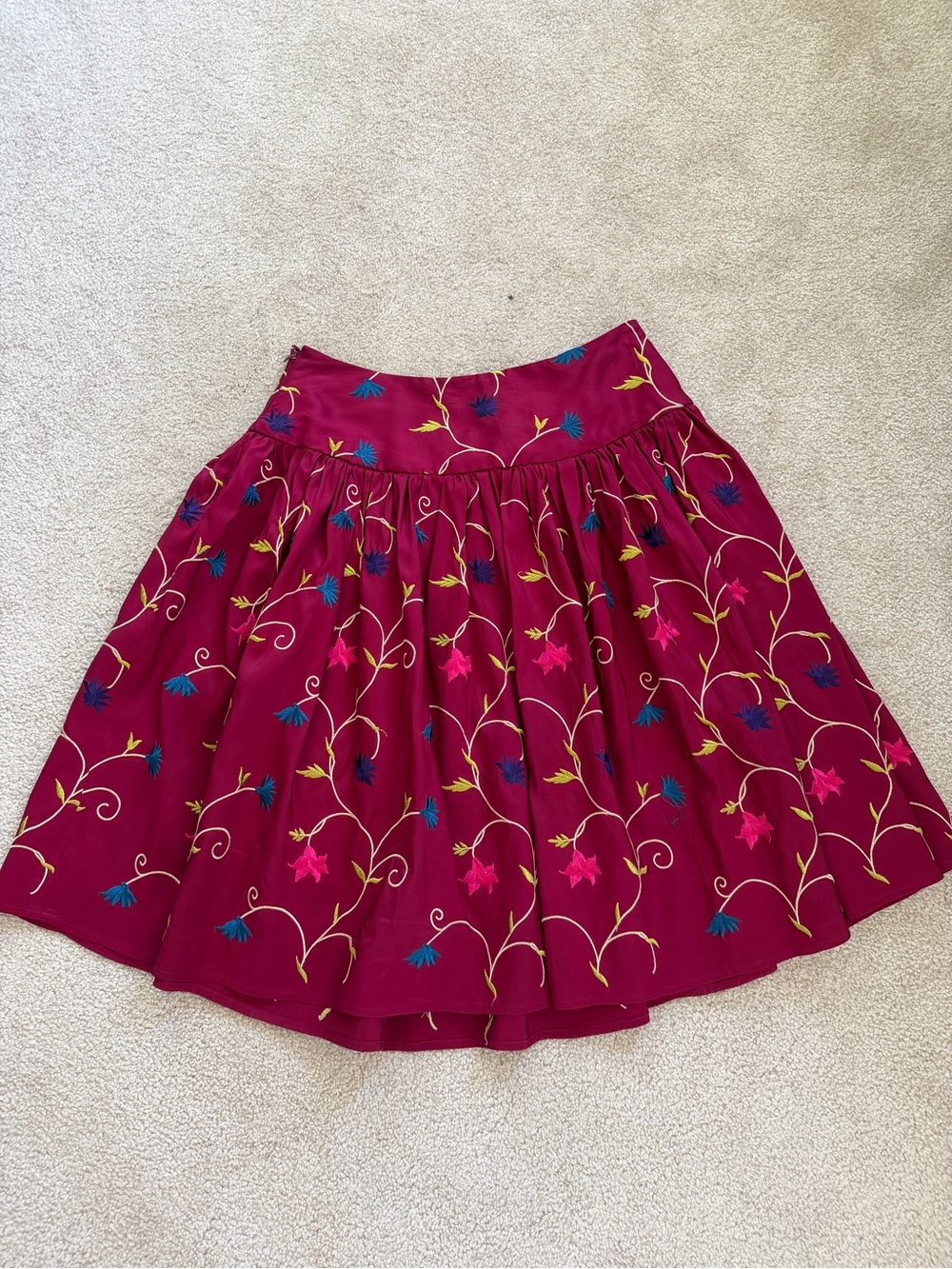 Floral Embroidered Wine Red Circle Skirt